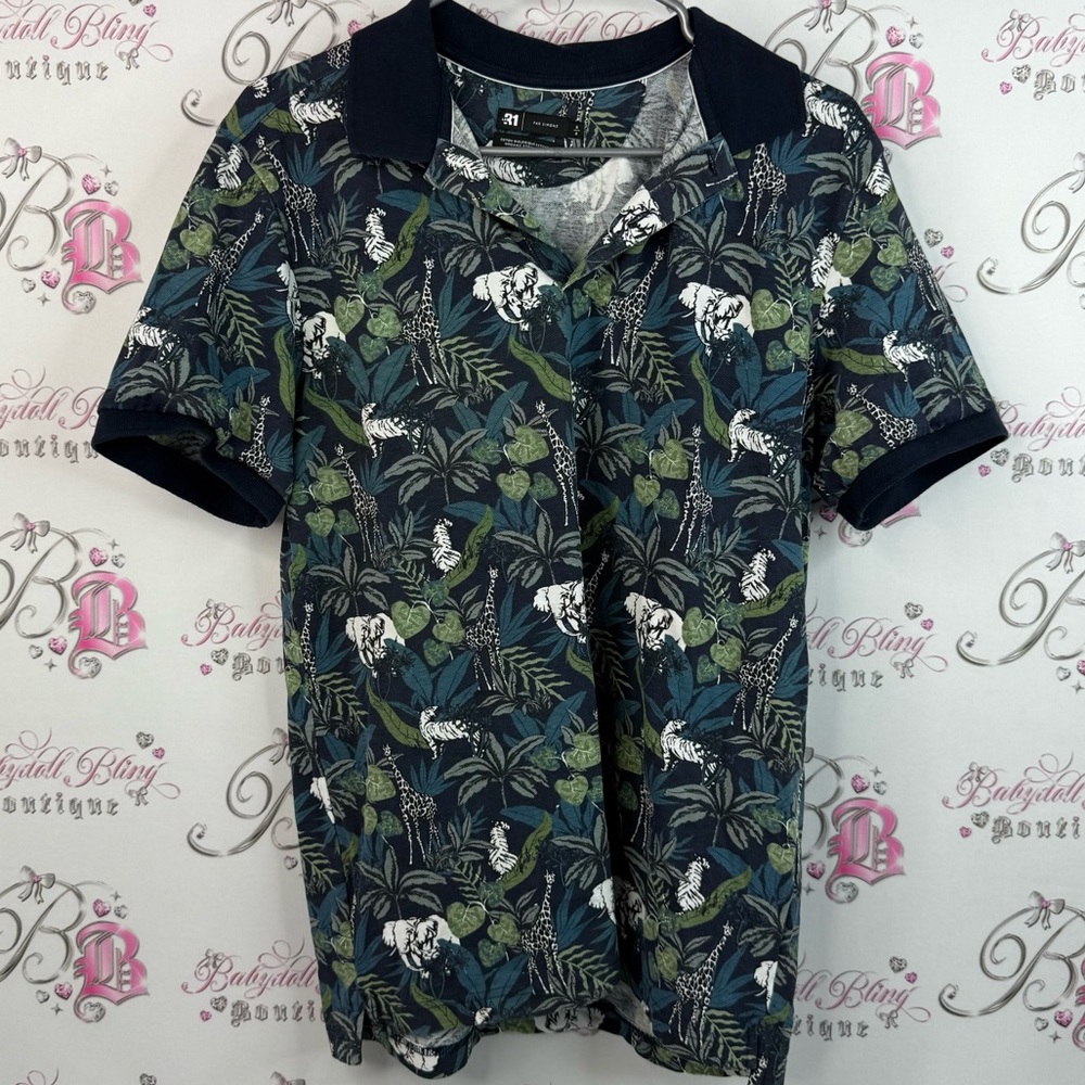 Simons T-shirt, animals, jungle, Tropical Print Polo Shirt - Navy and Green